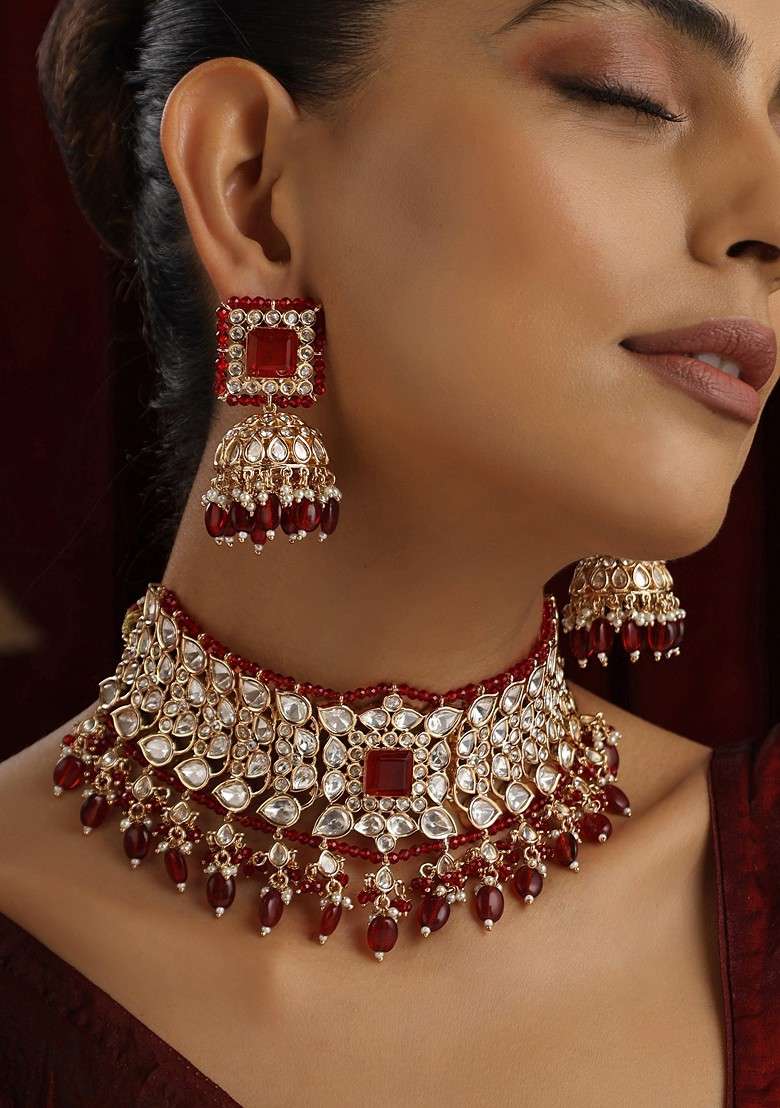 Red Polki Choker Necklace Set - Indya