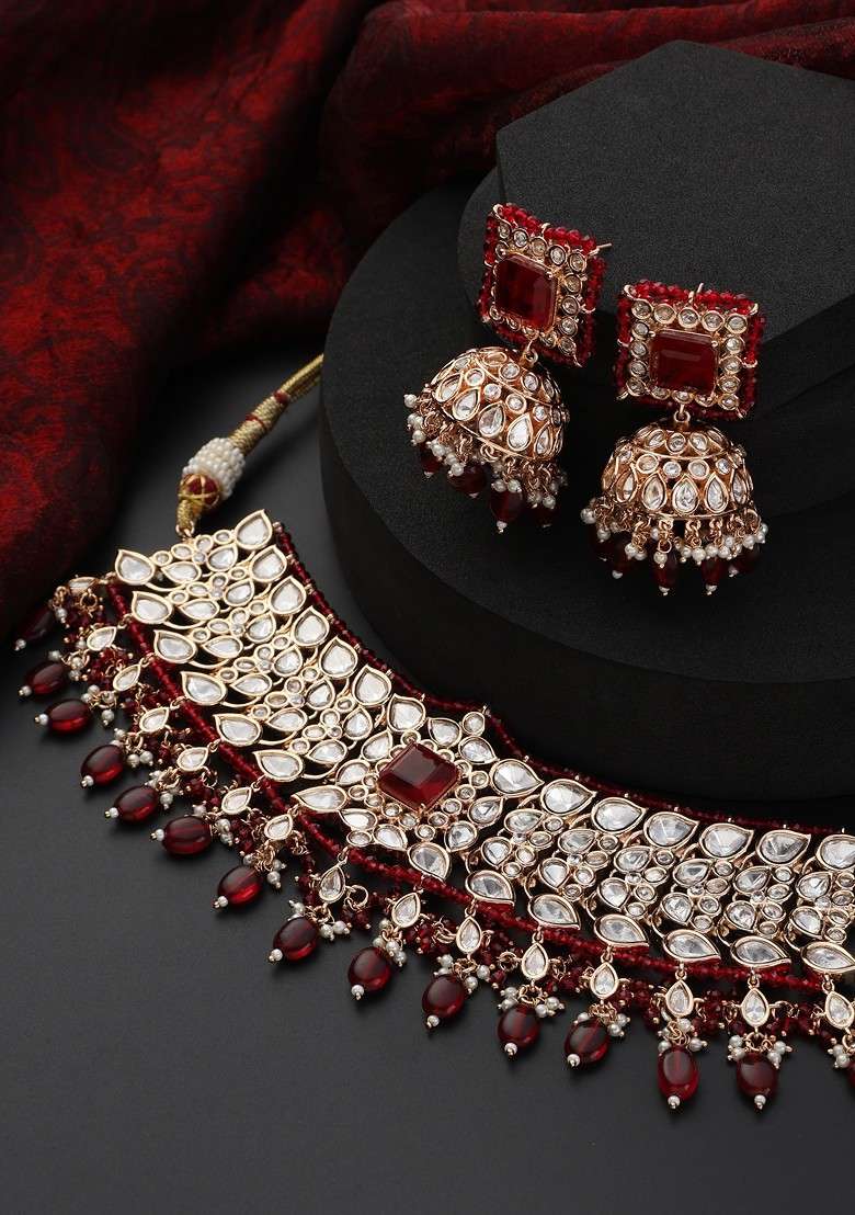 Red Polki Choker Necklace Set - Indya
