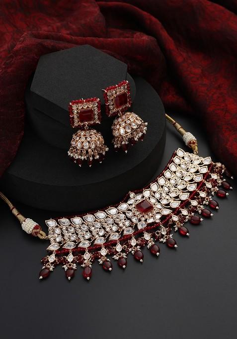 Red Polki Choker Necklace Set