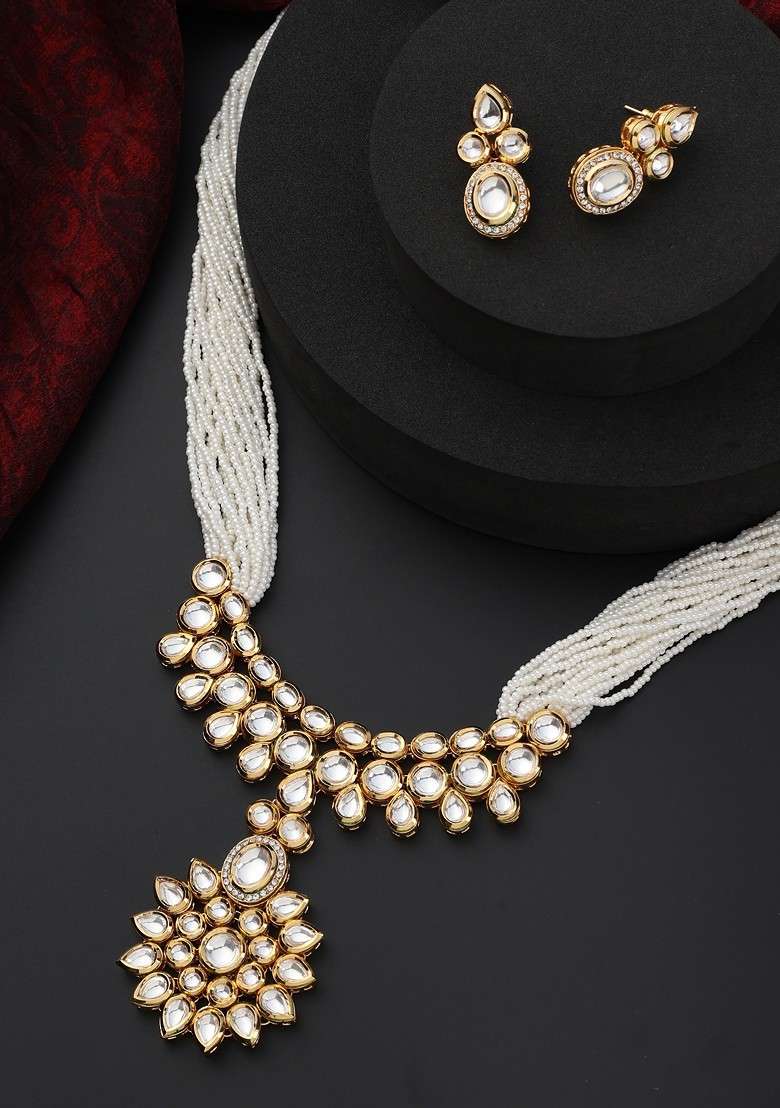 White Kundan Long Necklace Set - Indya