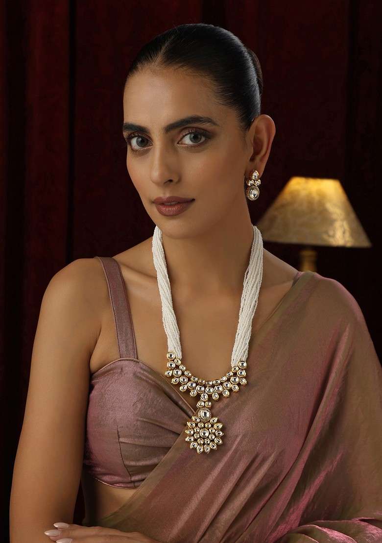 White Kundan Long Necklace Set - Indya