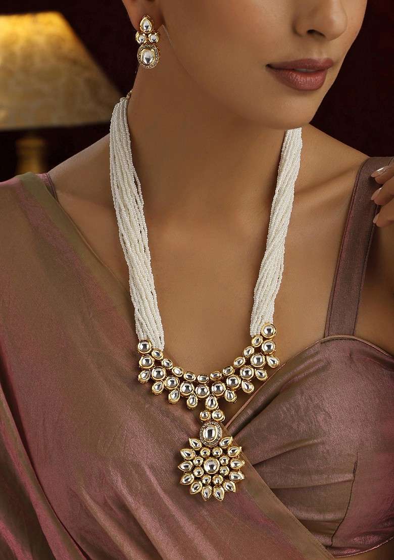 White Kundan Long Necklace Set - Indya