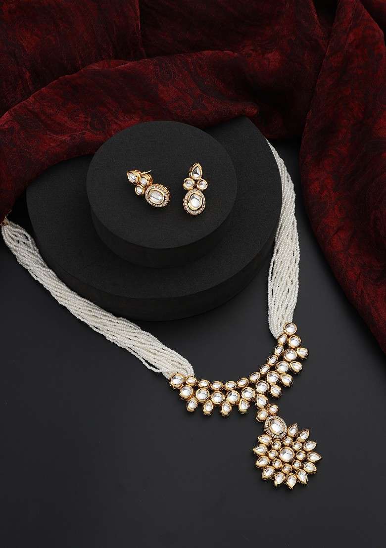 White Kundan Long Necklace Set - Indya