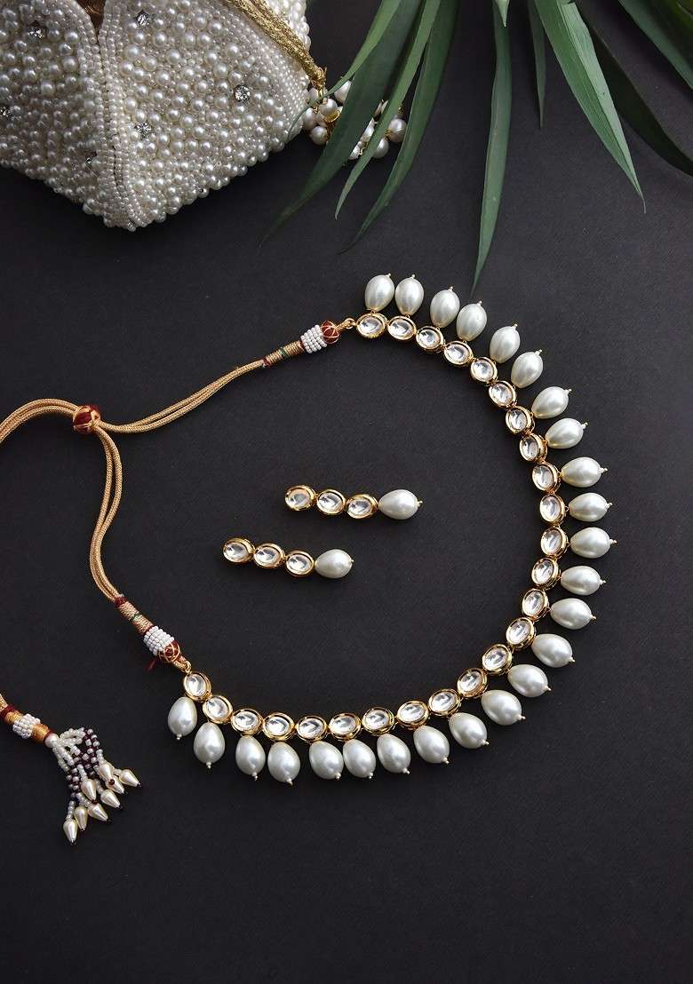 White Gold Tone Kundan Pearl Necklace Set - Indya