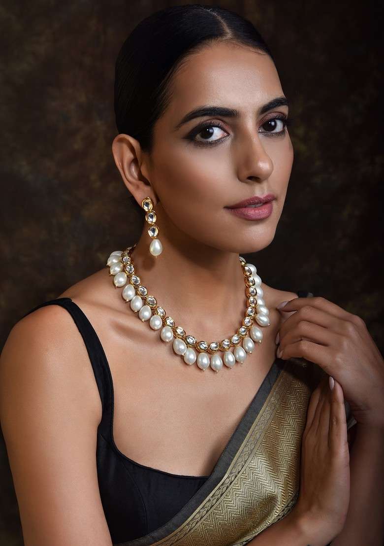 White Gold Tone Kundan Pearl Necklace Set - Indya