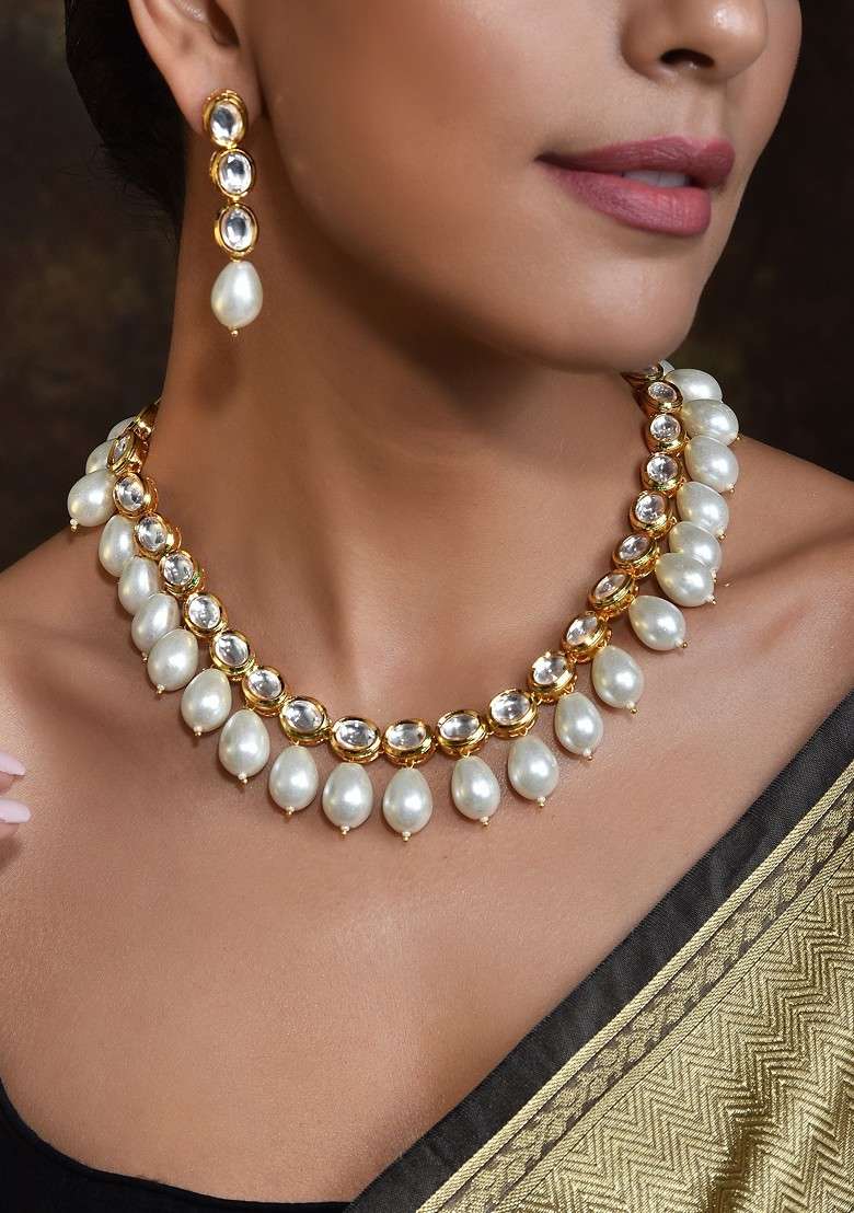 White Gold Tone Kundan Pearl Necklace Set - Indya