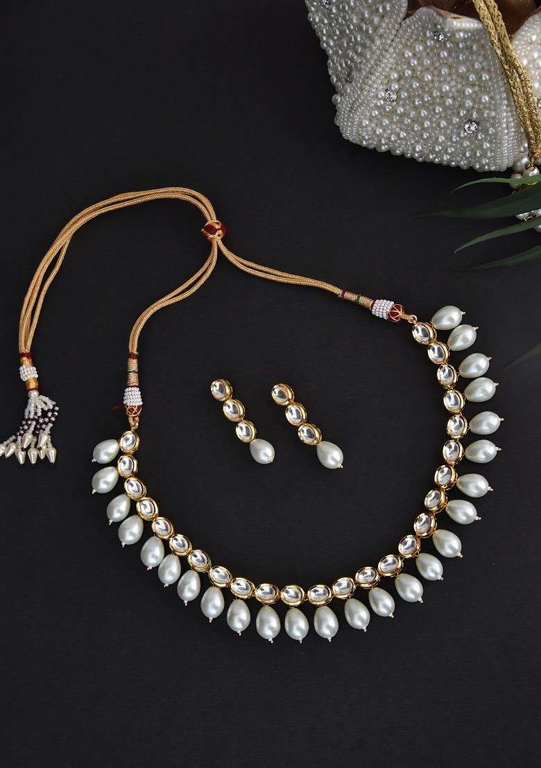 White Gold Tone Kundan Pearl Necklace Set - Indya