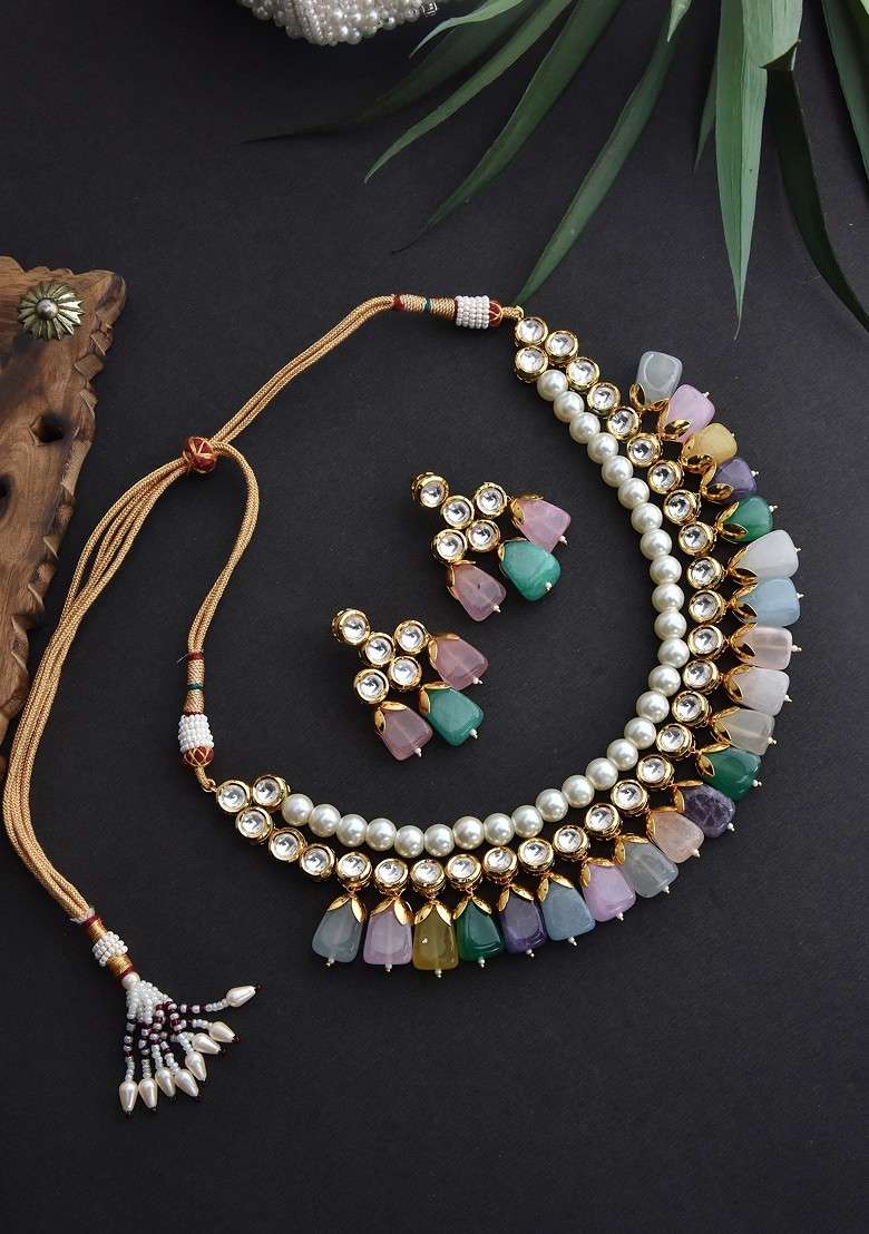 Multicolour Gold Tone Kundan Pearl Necklace Set - Indya