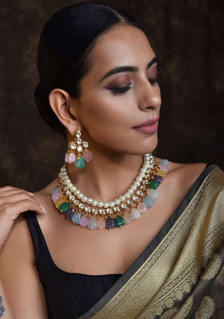 Multicolour Gold Tone Kundan Pearl Necklace Set - Indya