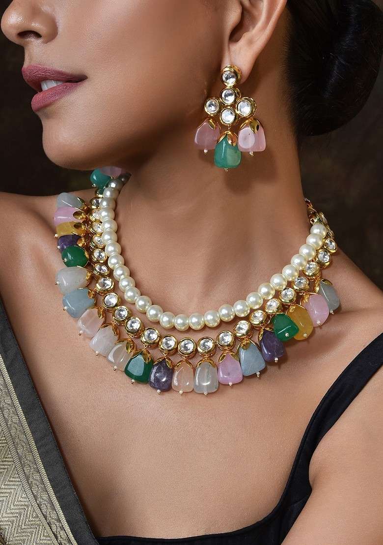 Multicolour Gold Tone Kundan Pearl Necklace Set - Indya