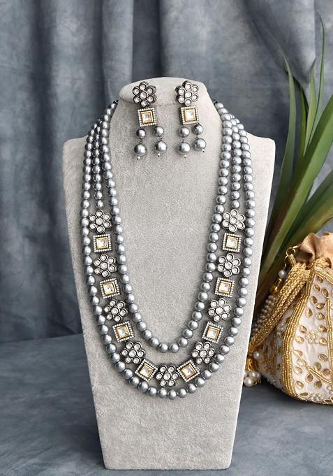 Grey Rhodium Plated Long Necklace Set