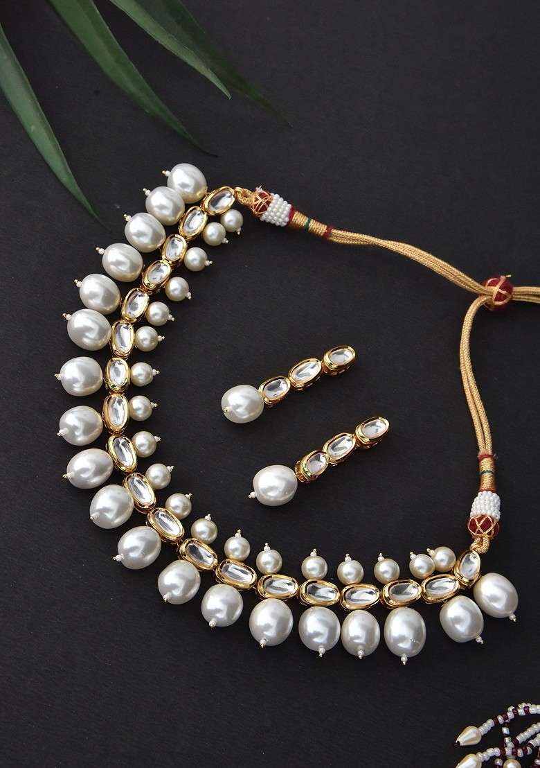 White Gold Tone Kundan Pearl Necklace Set - Indya