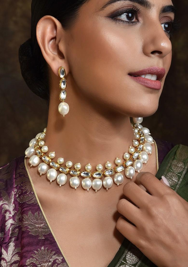 White Gold Tone Kundan Pearl Necklace Set