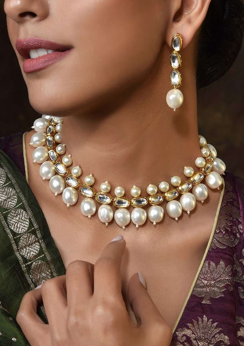 White Gold Tone Kundan Pearl Necklace Set - Indya