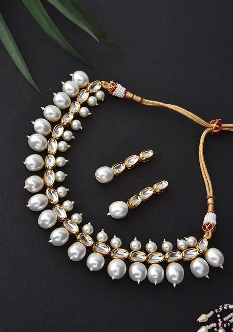 White Gold Tone Kundan Pearl Necklace Set