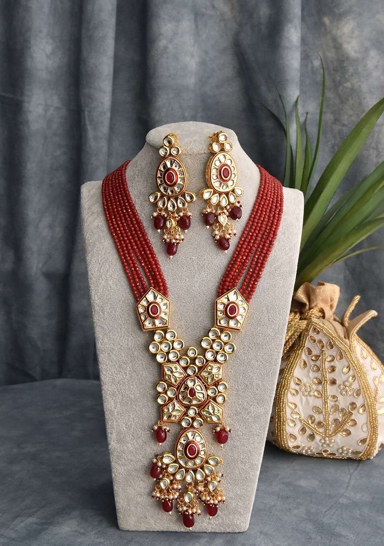 Red Gold Tone Kundan Long Necklace Set - Indya