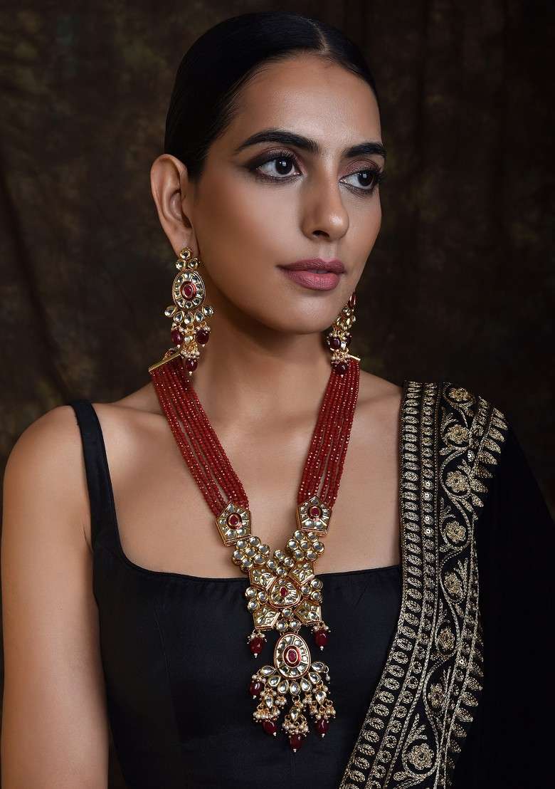 Red Gold Tone Kundan Long Necklace Set - Indya