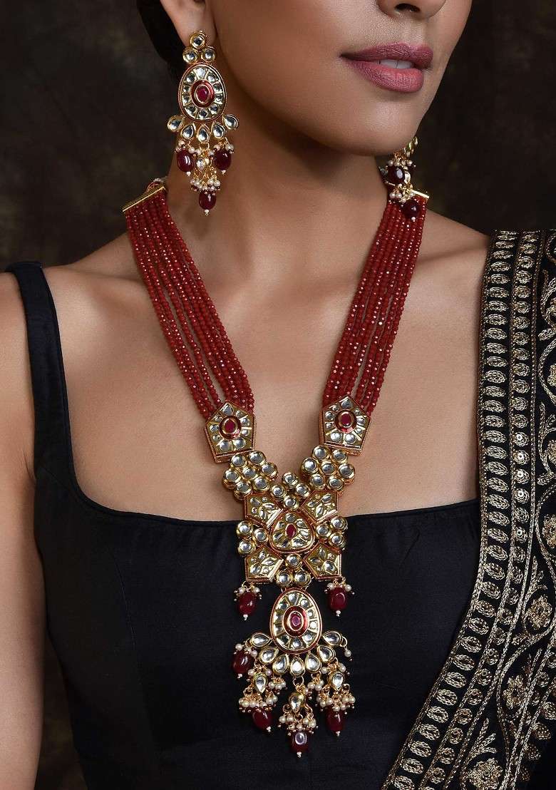 Red Gold Tone Kundan Long Necklace Set - Indya