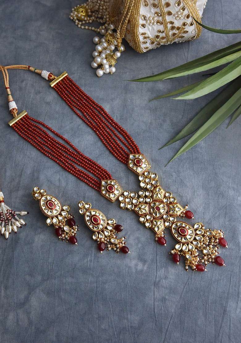 Red Gold Tone Kundan Long Necklace Set - Indya