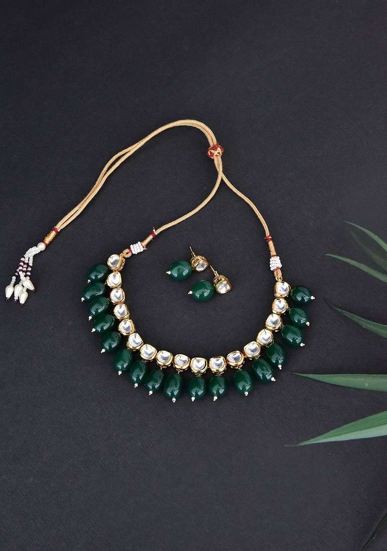 Green Gold Tone Kundan Necklace Set - Indya