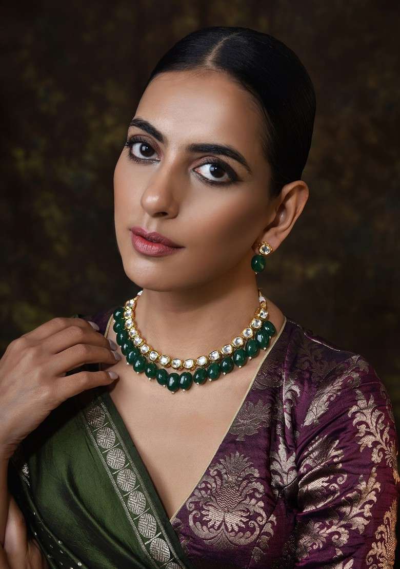 Green Gold Tone Kundan Necklace Set - Indya