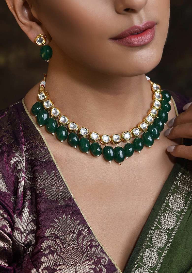 Green Gold Tone Kundan Necklace Set - Indya
