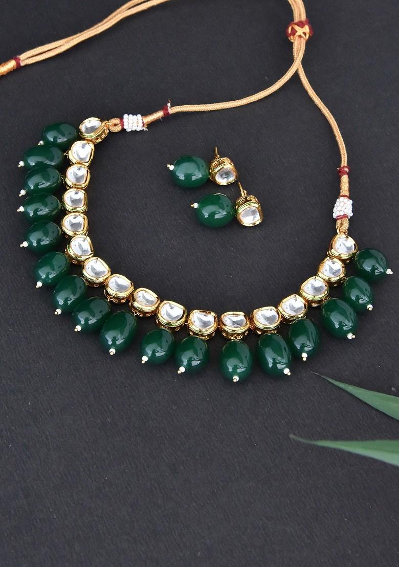 Green Gold Tone Kundan Necklace Set - Indya