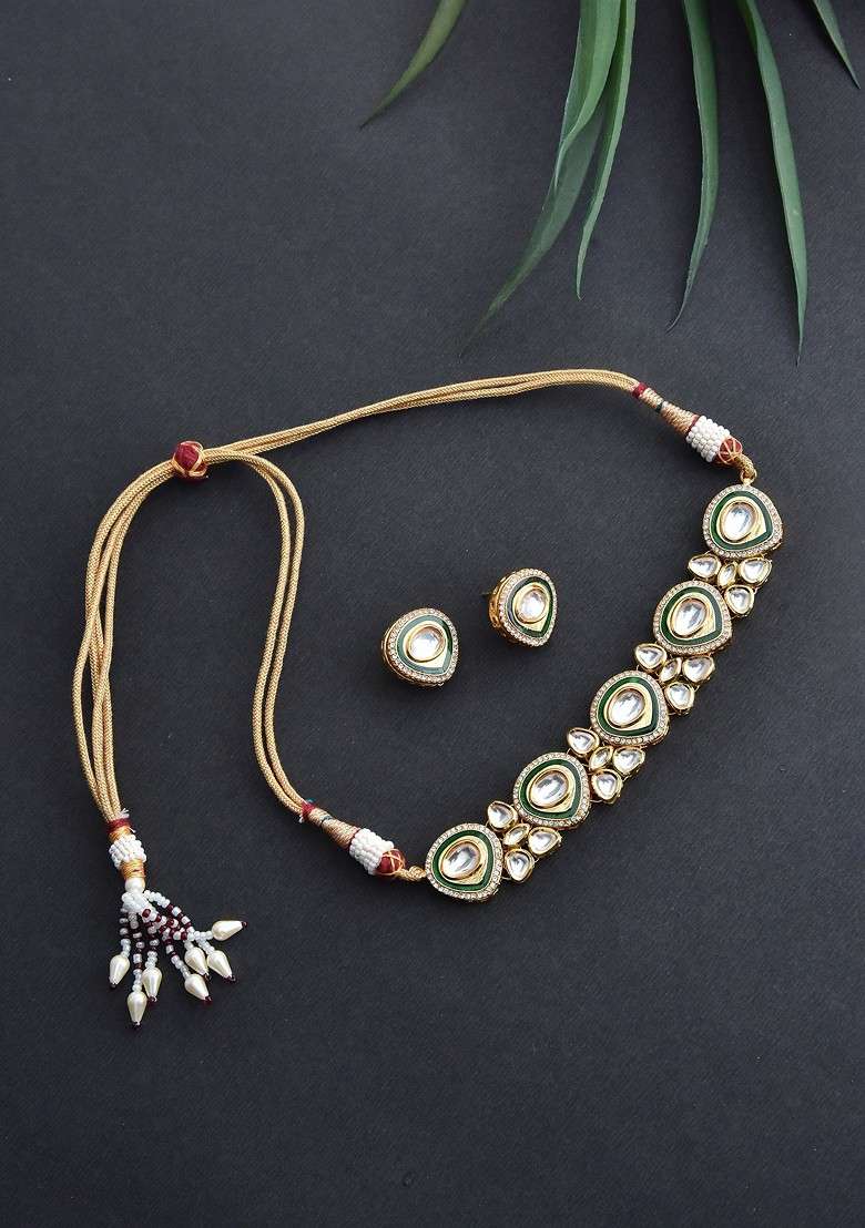 Green Gold Tone Kundan Choker Necklace Set - Indya