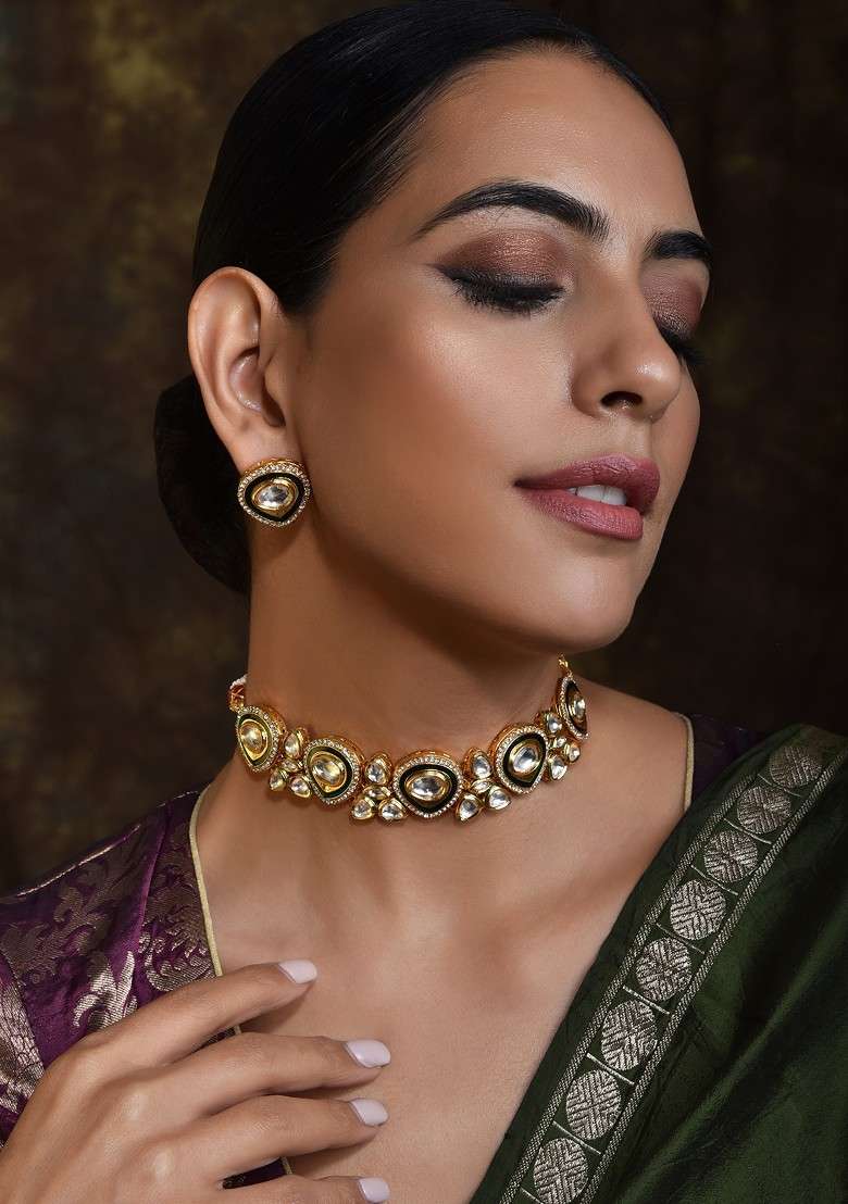 Green Gold Tone Kundan Choker Necklace Set - Indya
