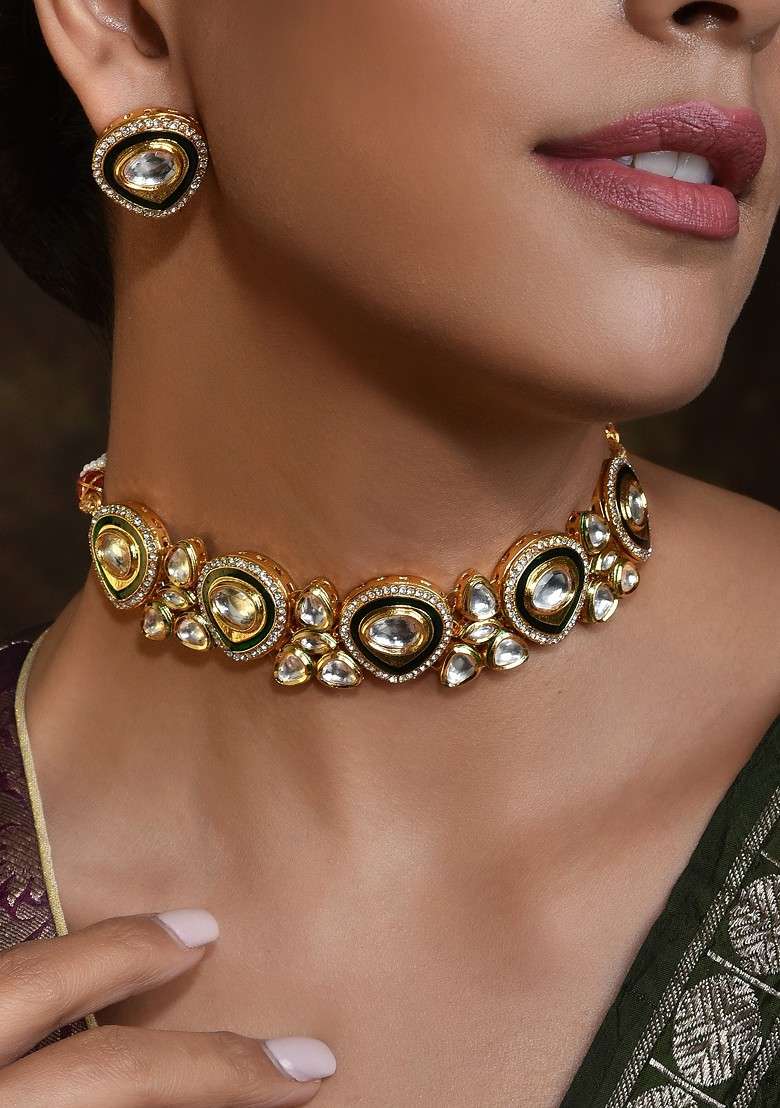 Green Gold Tone Kundan Choker Necklace Set - Indya