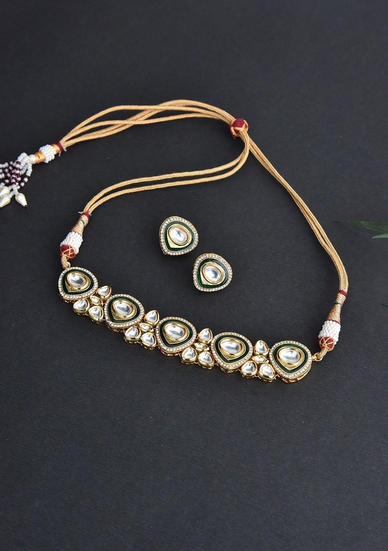 Green Gold Tone Kundan Choker Necklace Set - Indya