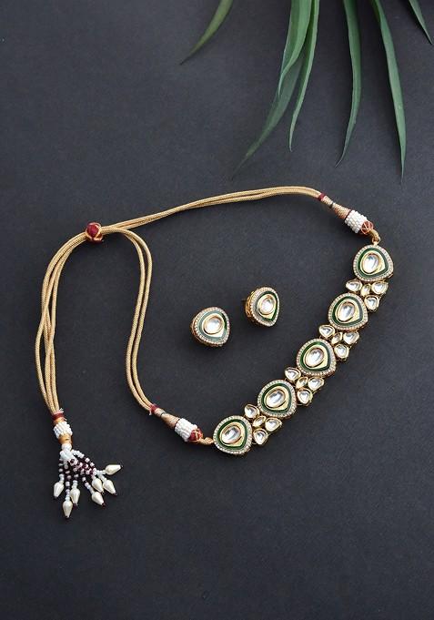 Green Gold Tone Kundan Choker Necklace Set