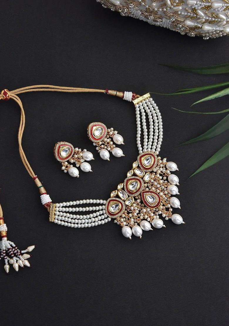 Red Gold Tone Polki Pearl Necklace Set