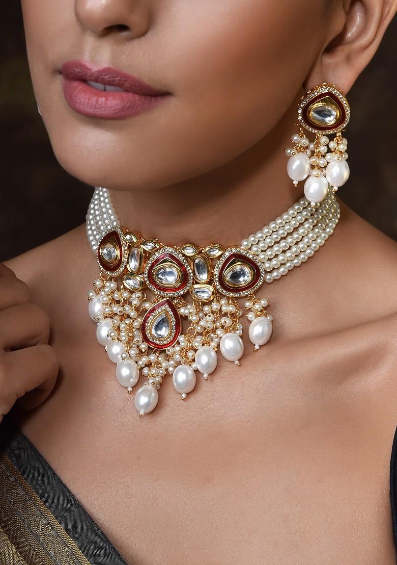 Red Gold Tone Polki Pearl Necklace Set