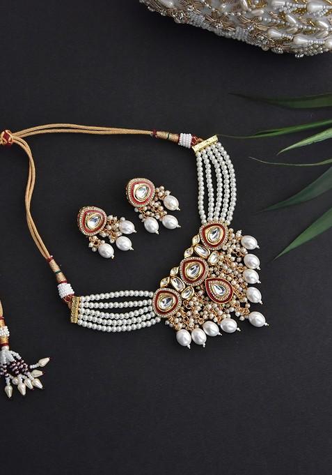 Red Gold Tone Polki Pearl Necklace Set