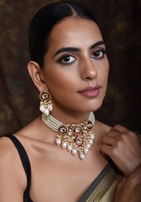 Red Gold Tone Polki Pearl Necklace Set