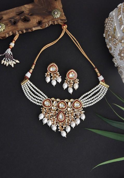 Red Gold Tone Polki Pearl Necklace Set