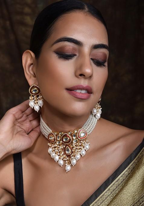 Red Gold Tone Polki Pearl Necklace Set