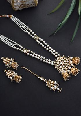 White Gold Tone Long Kundan Necklace Set With Maangtika