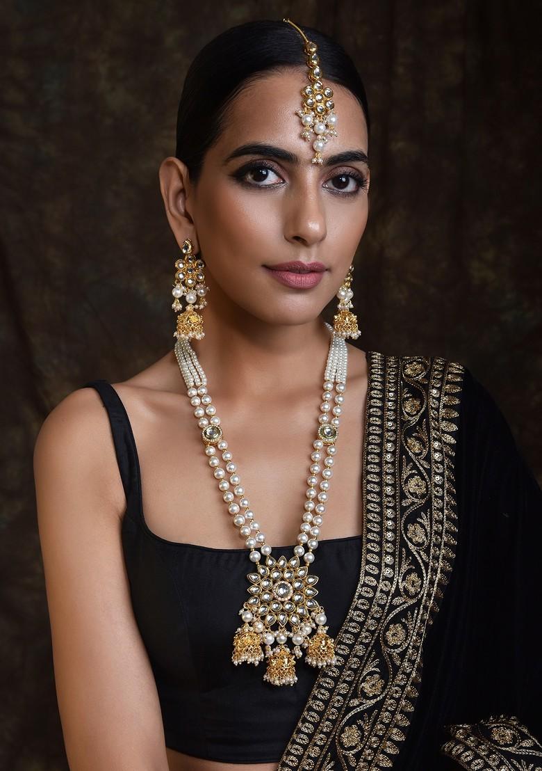 White Gold Tone Long Kundan Necklace Set With Maangtika