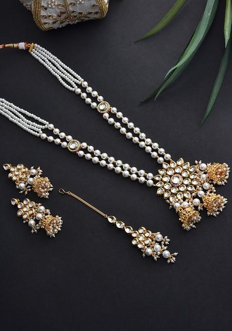 White Gold Tone Long Kundan Necklace Set With Maangtika