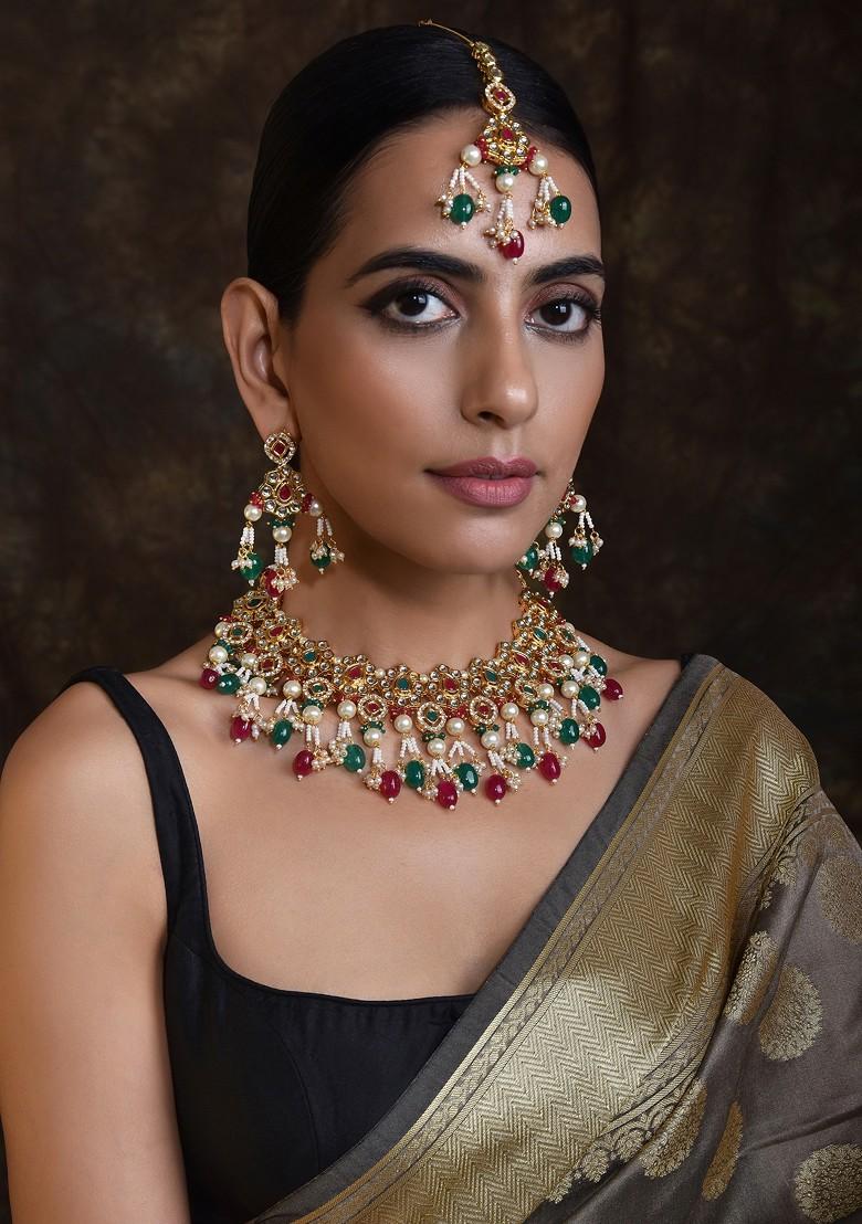 Red Green Gold Tone Kundan Necklace Set