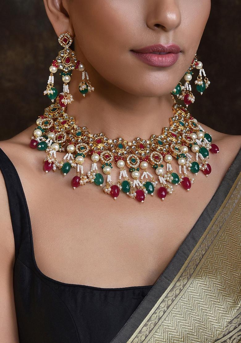 Red Green Gold Tone Kundan Necklace Set