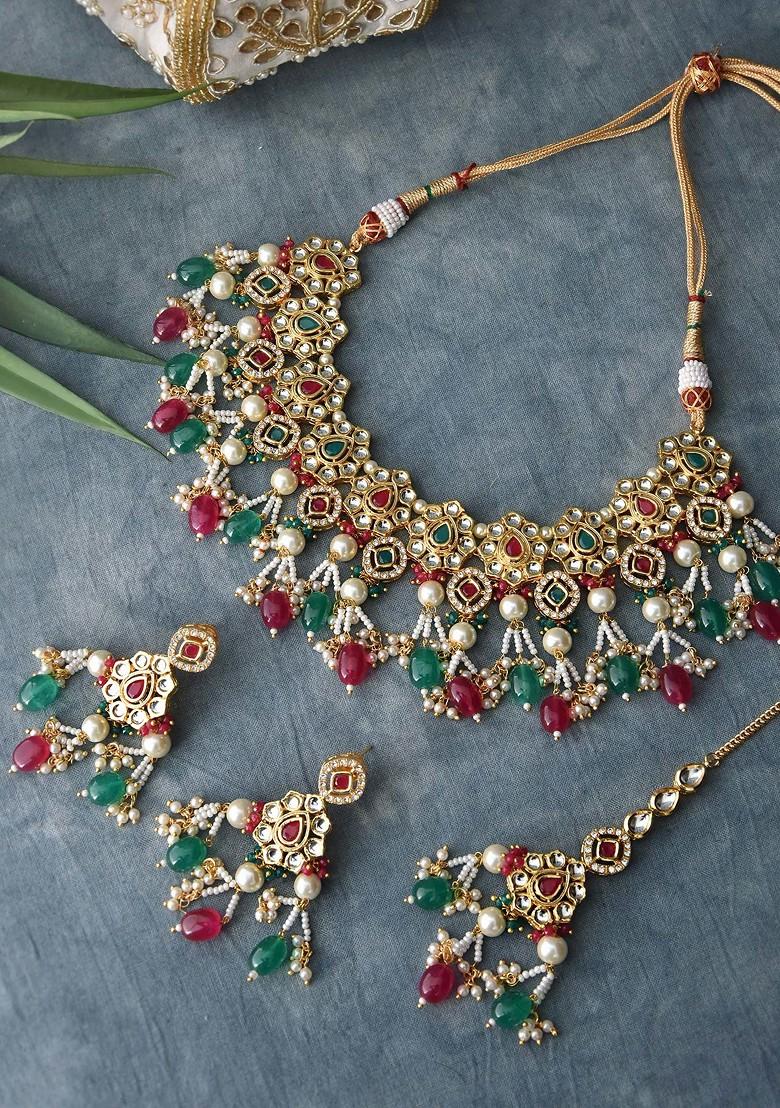 Red Green Gold Tone Kundan Necklace Set
