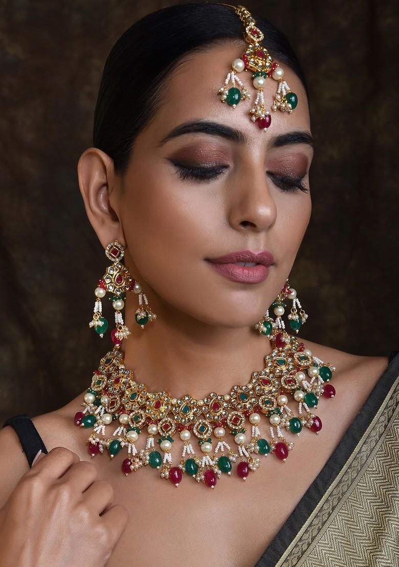 Red Green Gold Tone Kundan Necklace Set