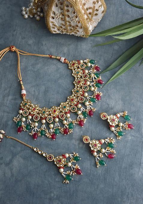 Red Green Gold Tone Kundan Necklace Set