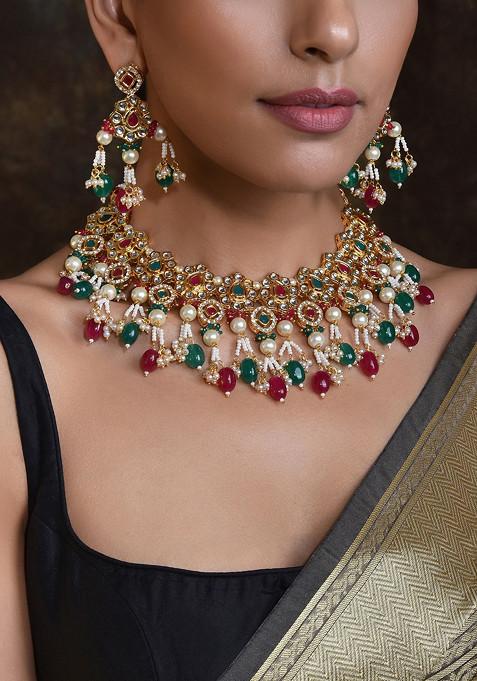 Red Green Gold Tone Kundan Necklace Set