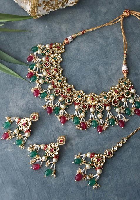 Red Green Gold Tone Kundan Necklace Set