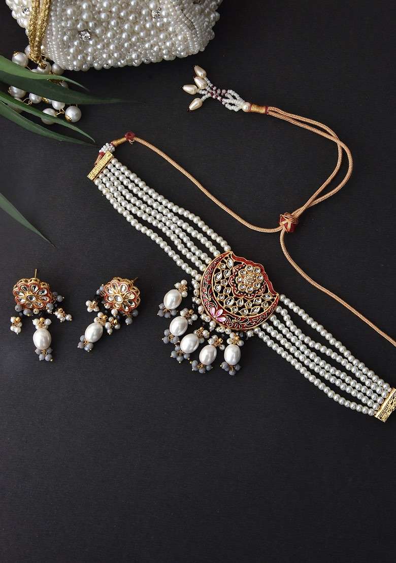 Red Gold Tone Pearl Choker Necklace Set - Indya