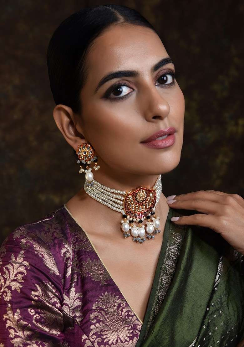 Red Gold Tone Pearl Choker Necklace Set - Indya